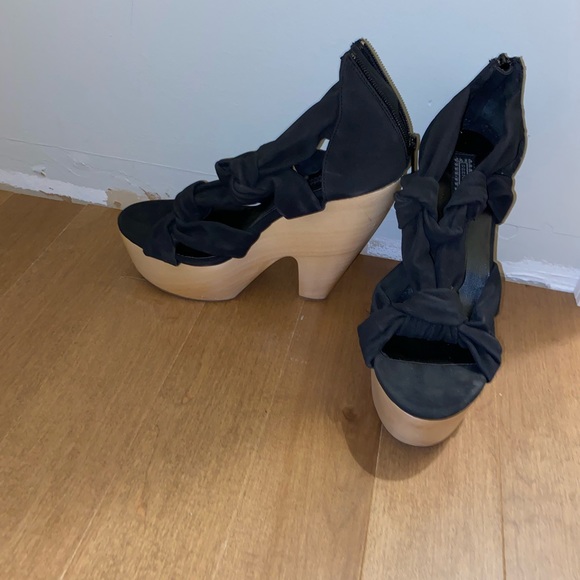 Suede Black and Wood Bottom Heels - Picture 2 of 3